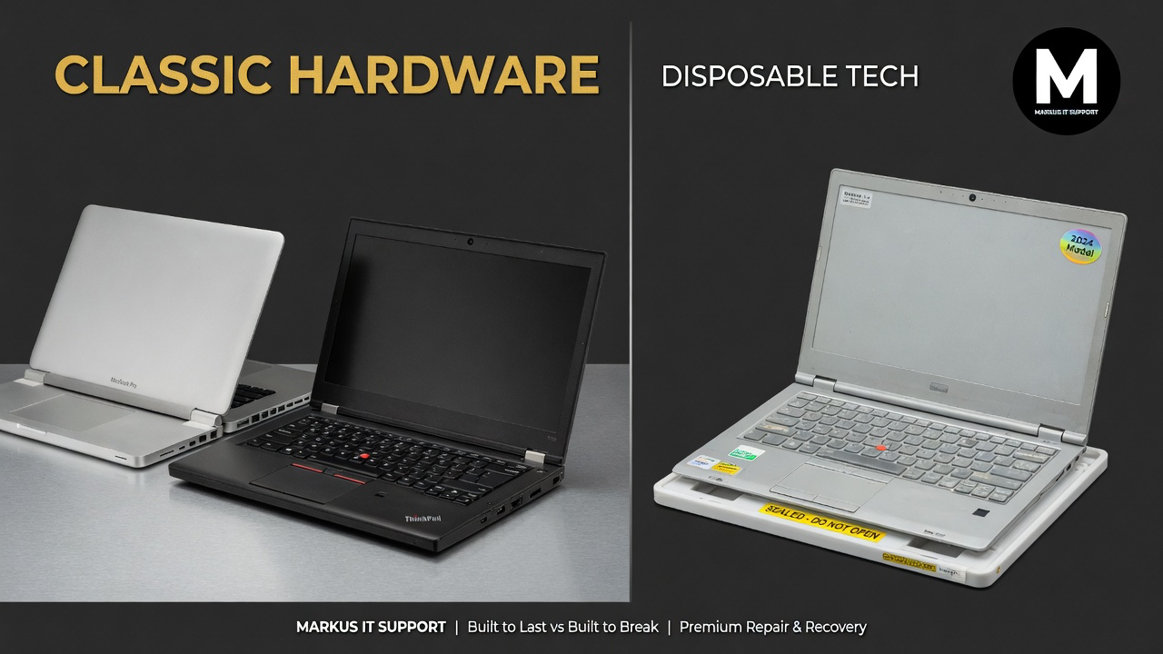 Premium classic hardware contrasted with modern disposable plastic laptops