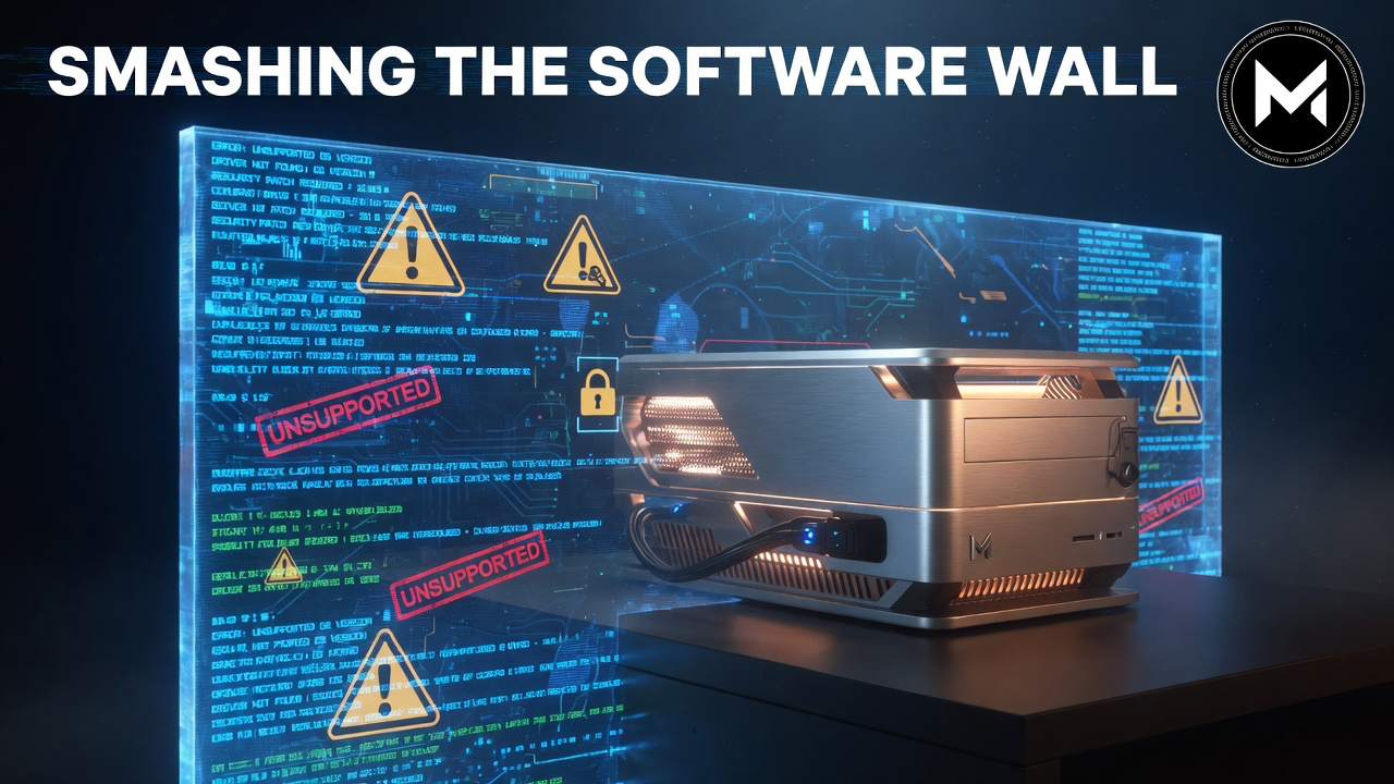 Powerful hardware blocked by a glowing digital wall of unsupported software warnings