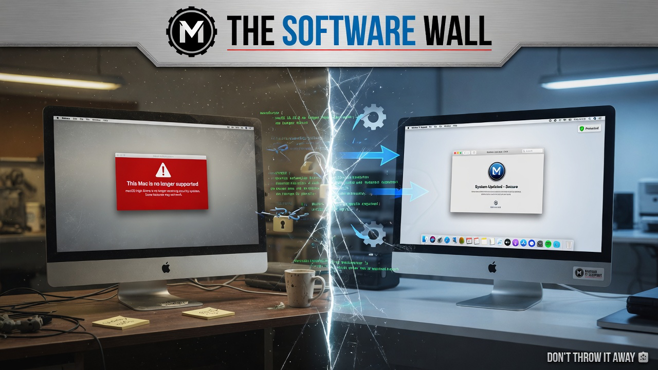 Before and after: an older Mac blocked by unsupported software, then restored and secure again